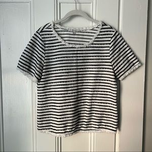 Green Envelope Striped Cropped Fringe Edge Top Shirt - Navy/White